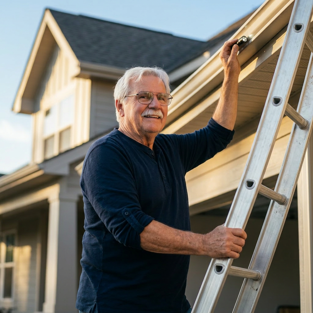 Holmes Inspections inspector on a ladder examining a home's roof and gutters